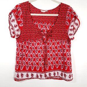 Vintage AE Red Cotton Boho Paisley Keyhole V-Neck Short Sleeve Peasant top